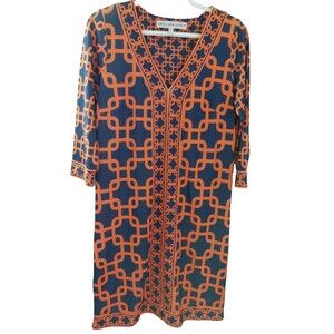 Gretchen Scott V Neck 3/4 Sleeve Orange/Navy Geometric Print Dress Size XS